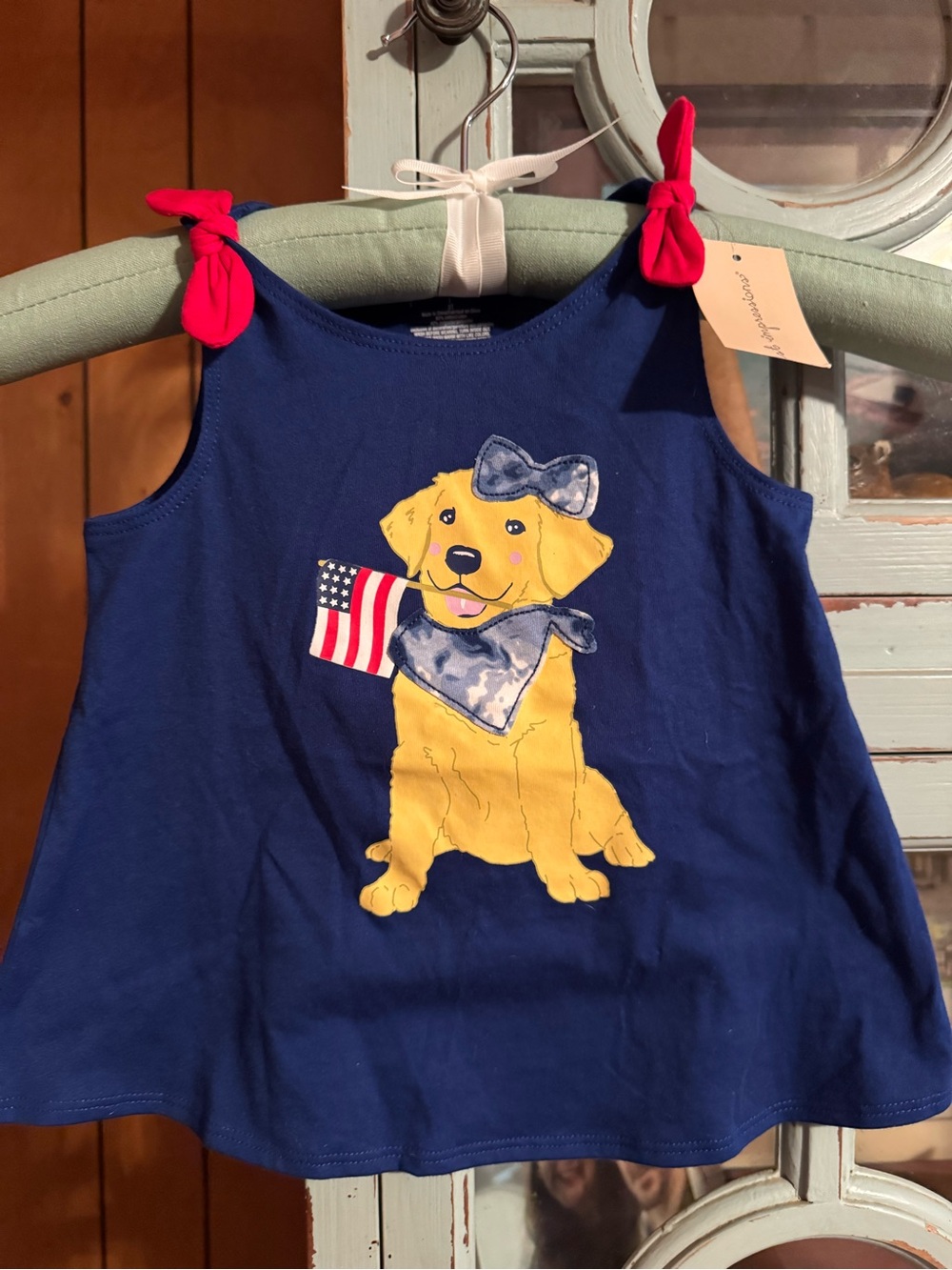 First Impressions Girls Navy Tank Top with Yellow Puppy and Red Accent Ties